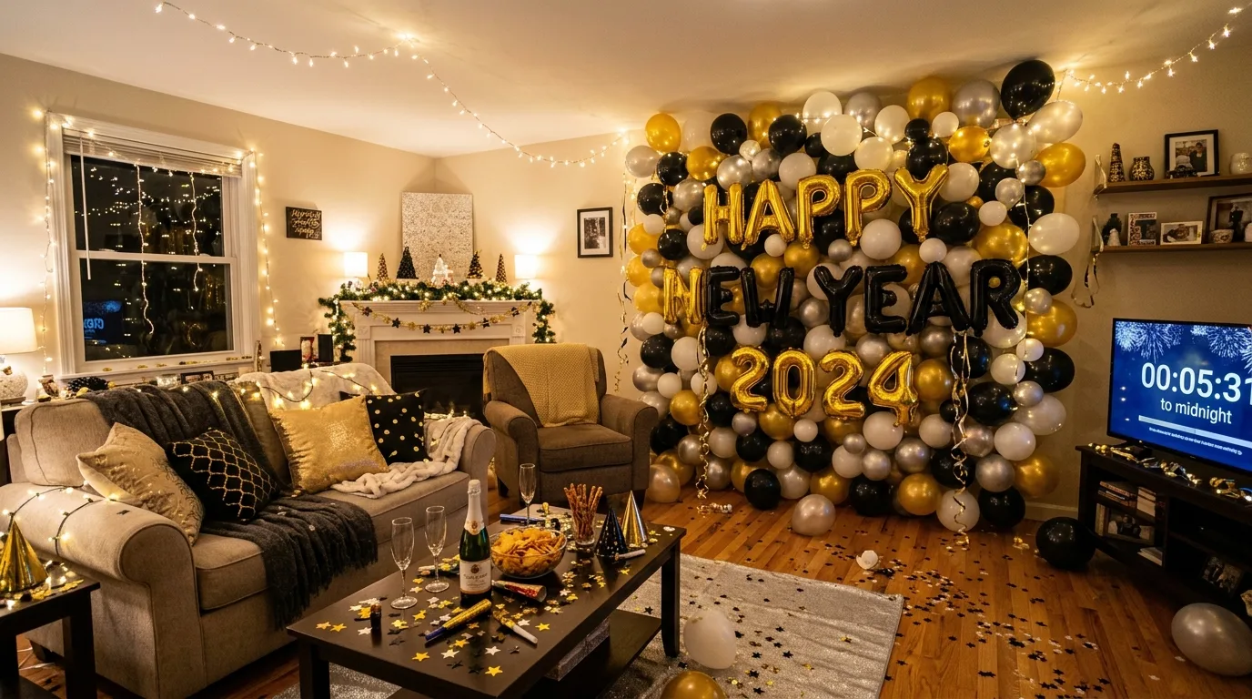 Budget New Year's Eve balloon wall backdrop in a living room